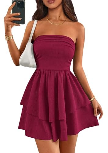 PRETTYGARDEN Women's 2026 Summer Strapless Tube Mini Dress Off Shoulder Smocked Ruffle A Line Flowy Short Party Club Dresses (Burgundy,XX-Large) - Image 1