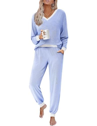 JUSTFASHIONNOW Women's Pajama Sets 2 Piece Striped Lounge Sets Long Sleeve Tops and Pants Soft Sleepwear Pjs 2025 Early Fall Fashion Outfits(Deep Blue,X-Large - Image 1