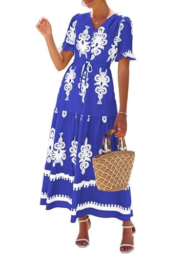 Lazysmile Summer Dresses for Women Short Sleeve V Neck Floral Drawstring Flowy A Line Boho Maxi Dress with Pockets Blue - Image 1