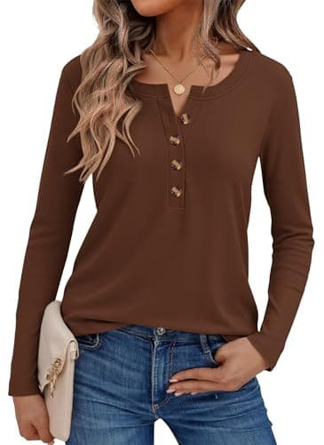 WNEEDU Sweatshirt for Women Casual Long Sleeve Button Pullover Shirt Crewneck Henley Tunic Tops(Red Brown,S) - Image 1