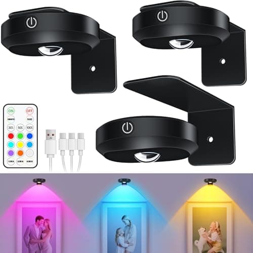 WILLED Picture Lights, 1200mAh Rechargeable Battery Operated Picture Lights, Puck Lights with Remote, 9 RGB Colors, Dimmable&Timer, Gallery Lights, Art Display Lighting for Paintings Wireless/3 Pack - Image 1