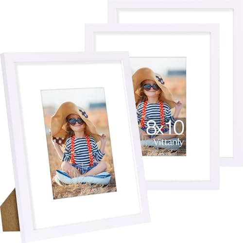 Vittanly 8x10 Picture Frame Set of 3, Display Pictures 5x7 with Mat or 8x10 without Mat for Wall Mounting or Tabletop, Picture Frames for Wall Decor, Engineered Wood, White - Image 1