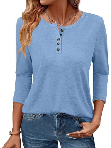 GKBK 3/4 Sleeve Womens Tops Fall Clothes Henley Casual Spring Summer Lightweight Basic Tunic Shirts Blue - Image 1