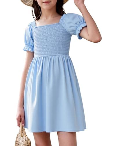 JiAmy Girls Dresses Summer Short Sleeve Ruffled Puff Sleeves Square Neck Smocked Casual Dress Light Blue 9-10 Years - Image 1