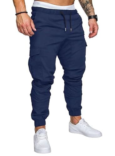 JMIERR Men's Fashion Cargo Pants - Casual Cotton Tapered Stretch Twill Chino Athletic Joggers Sweatpants Lightweight Drawstring Workout Trousers Travel Pants with Pockets for Men, US 34(M), A Blue - Image 1