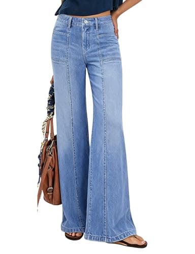 Skirt BL Wide Leg Jeans for Women Trendy High Waisted Flare Jeans Stretchy Baggy Denim Pants with Pockets Blue - Image 1
