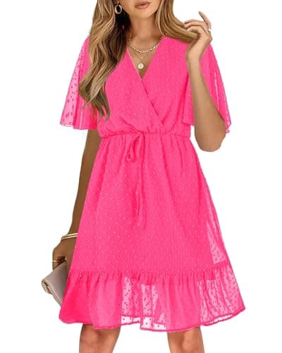 KIRUNDO Womens Summer Dresses 2026 Casual Spring Short Sleeve V Neck Ruffle Swiss Dot High Waist Belted Flowy Mini Dress(Style2-Rose Red, Large) - Image 1