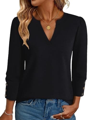 NORACORA Blouses for Women Dressy Casual 3/4 Length Sleeve Womens Tops V Neck Loose Fit T Shirts Beach Vacation Spring Summer Fall Shirts Black L - Image 1