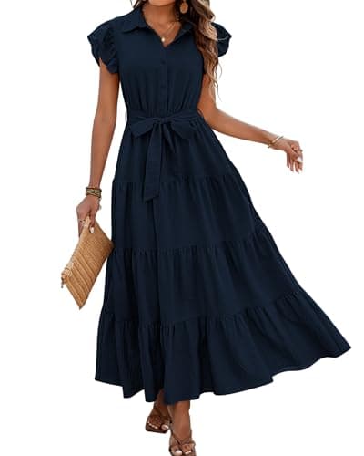 dowerme Women's Summer Casual Dresses 2025 Cap Ruffle Sleeve V Neck Button Belted Tiered Boho Maxi Dress with Pockets(Navy,Small) - Image 1