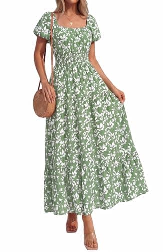 BTFBM Summer Dress for Women 2026 Spring Floral Short Sleeve Casual Flowy A-Line Smocked Tiered Maxi Dresses Pockets(Floral Green White, Medium) - Image 1