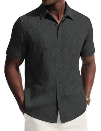 PJ PAUL JONES Mens Short Sleeve Button Down Shirt Casual Summer Shirts Textured Beach Vacation Shirts for Men Black - Image 1