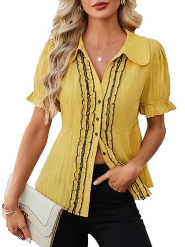 ECOWISH Women's Button Down Shirt - Peter Pan Collar Cotton Blouse Summer Dressy Short Sleeve Loose Fit Work Tops Yellow XL - Image 1