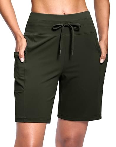 G Gradual Women's 7" Athletic Hiking Long Shorts with Side Pockets High Waisted Stretchy Bermuda Shorts for Women Workout Casual (Army Green, XXXL) - Image 1
