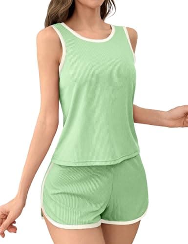 JUSTFASHIONNOW Women's 2-Piece Contrast Trim Pajama Set - Casual Tank Top & Shorts, Soft Ribbed Loungewear(Mint green XX-Large) - Image 1
