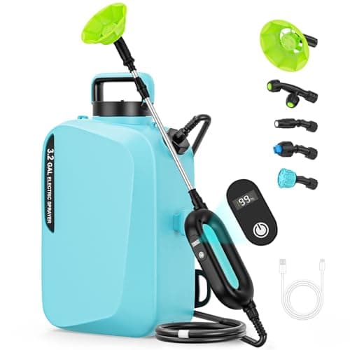 3.2Gal/12L Battery Powered Backpack Sprayer, 7.4V Electric Pump Sprayers with Digital Display, 2 Speeds & 5 Nozzles, USB Rechargeable, Adjustable Strap for Lawn, Garden, Farm, Cleaning (Light Blue) - Image 1