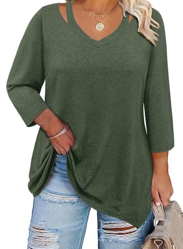 Amrto 2026 Plus Size Spring Clothes for Women office Three Quarter Sleeve Tunic Loose Fit V Neck Breathable Cotton Clothes with Leggings Interview Classic Teacher Summer Fashion, Army Green, 2XL - Image 1