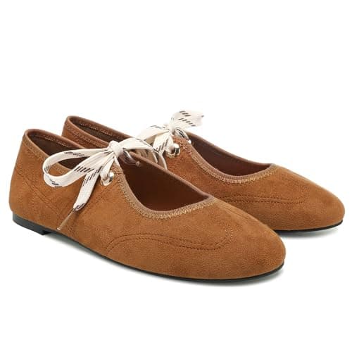 Yellhum Lace up Ballet Flats for Women Mary Jane Flats Round Toe Cute Slip on Soft Casual Ballerina Shoes Yellow Brown - Image 1