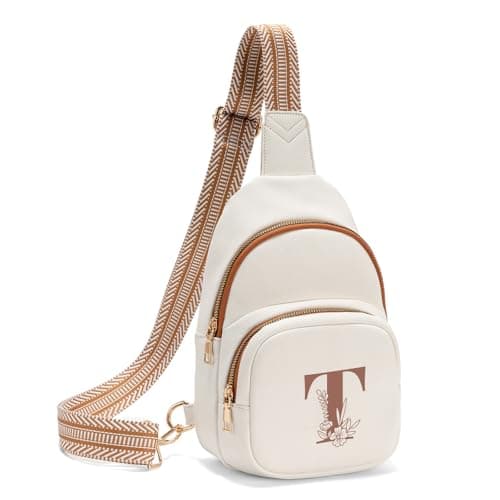 Viverte Sling Bag for Women Personalized Gifts Pu Leather Initial Crossbody Bags Purses for Women Cross Body Shoulder Bag for Travel (Beige With Brown-T) - Image 1