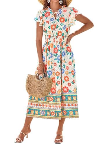 Womens Summer Boho Maxi Dress Casual Sleeveless V Neck Floral Beach Dresses with Pockets Apricot Green Flowers XXL - Image 1