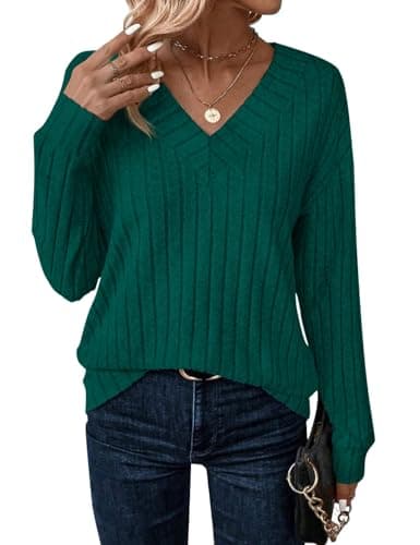 JUSTFASHIONNOW Womens Tops V Neck Long Sleeve Shirts Tunic Top Blouses Soft Elastic Casual Sweaters for Women 2025 Trendy Outfits(DarkGreen,X-Large) - Image 1