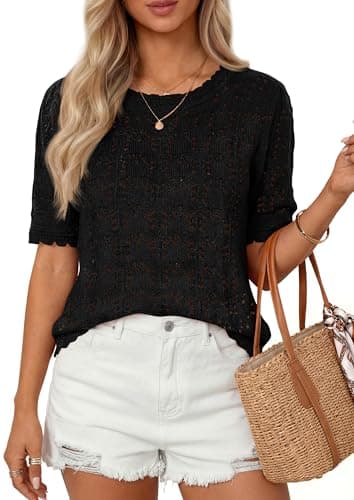 PRETTYGARDEN Women's Short Sleeve Sweater Trendy Crochet Summer Spring Tops 2026 Casual Hollow Out Shirts Beach Vacation Clothes (Black,S) - Image 1