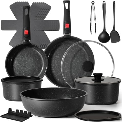 USELUCK 21Pcs Ceramic Pots and Pans Set Non Stick, Kitchen Cookware Set with Detachable Handles, Non Toxic Healthy Cooking Set, Induction Dishwasher Oven Safe, PTFE PFOA PFOS Free, Black - Image 1
