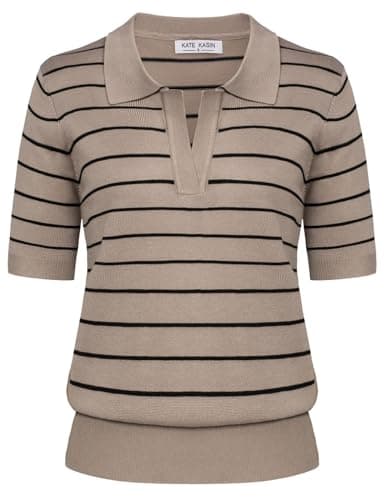 Kate Kasin Women Summer Striped Knitted Tee Shirt Casual Short Sleeve Ribbed Hem Sweater Tops Apricot Black L - Image 1