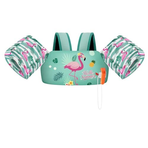 HeySplash Toddler Swim Vest, Toddler Floaties Fit 22-55 Lbs, Kids Swimming Jacket with Adjustable Strap, Arm Floaties Water Wing Children Learn to Swim, Puddle Sea Beach Jumper, Blue-Striped Flamingo - Image 1