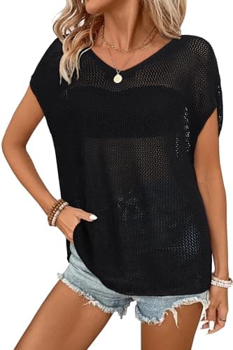 Arach&Cloz 2025 Women Summer Sweaters Vest Crochet Tops Plus Size Trendy Oversized Boho Short Sleeve Fashion Vacation Outfits Clothes Country Concert Outfits Resort Wear Black - Image 1