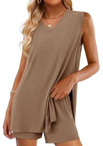 PRETTYGARDEN Women's 2026 Summer 2 Piece Shorts Sets V Neck Long Tank Tops High Waisted Loose Fit Matching Travel Outfits (Khaki,X-Large) - Image 1