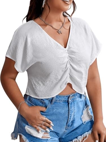MakeMeChic Women's Plus Size Ruched Front Short Sleeve Shirts Casual V Neck Crop Top Blouse White 3X-Large Plus - Image 1