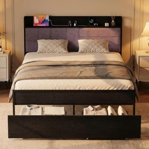 Takywep Full Bed Frame with Shelf Headboard, Heavy Duty Bed Frame with Storage, Bed Frames with 2 Drawers, Black Bedframe with Charging Station, No Box Spring Needed, Full Size - Image 1