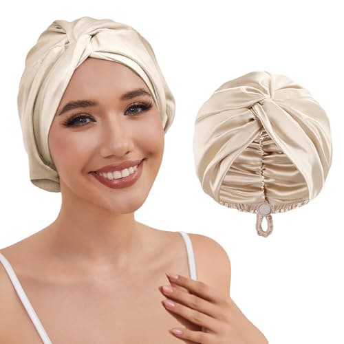 HFRHTGY Adjustable Silk Satin Hair Bonnet for Sleeping Women Hair Wrap, Double Layer Night Turban, Sleep Cap for Natural Curly Straight Unisex - Champagne - Image 1