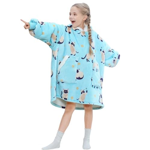 Kipswiza Siamese Cat Wearable Blanket Hoodie for Kids - Oversized Sherpa Fleece Hooded Sweatshirt, Cozy Gift for Girls Boys 6-13 (4'3"-4'11"), Cat Print, Light Blue - Image 1