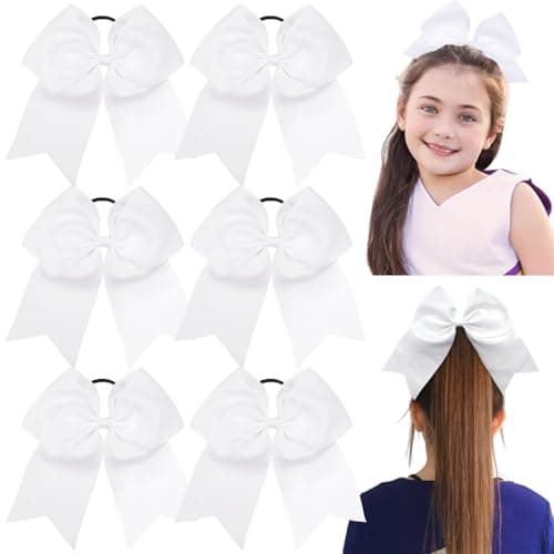 JOYOYO 6Pcs 8" Large Cheer Bows for Girls Ponytail Holder Black Grosgrain Ribbon Cheerleading Bows Elastic Hair Tie Bands for Baby Girls School College Teens Senior Cheerleader (White) - Image 1
