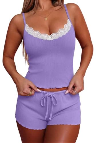 Ekouaer Women's Pajama Sets 2 Piece Sexy Lingerie Sleepwear with Pockets Lightweight Lace Cami Shorts Adjustable Straps Pjs Lavender - Image 1