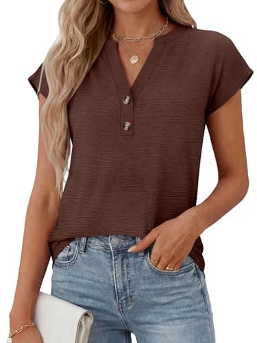 ANRABESS Womens Tops Dressy Casual Cap Sleeve Summer Work Blouses Textured V Neck Henley Shirts 2026 Trendy Business Outfits Coffee X-Large - Image 1