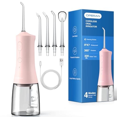 Operan 300ml Cordless Water Dental Flosser, Portable Water Flossers for Teeth, 4 Pulse Modes IPX7 Waterproof Oral Irrigator with 4 Tips, 21 Days Runtime for Travel, Home, Braces, Gum Care, Pink+1Pack - Image 1