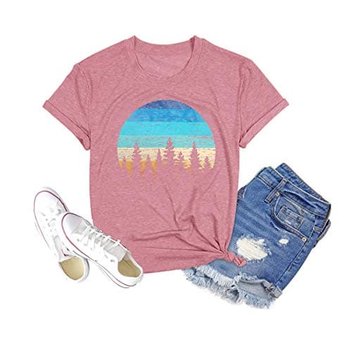 GEMLON Sunset Pine Tree Tshirt Women Camping Tshirt Retro Sun Print Graphic Tee Casual Short Sleeve Top - Image 1