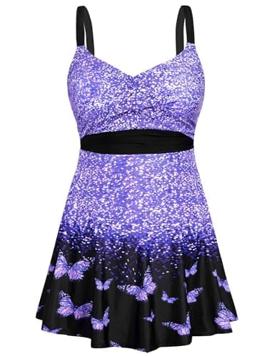 HUSKARY Womens Plus Size Swimsuits 2 Piece Retro Floral Print Swim Dress with High Waisted Boyshorts Aline Ladies Bathing Suit for Big Bust Swimwear Purple Floral 22W - Image 1