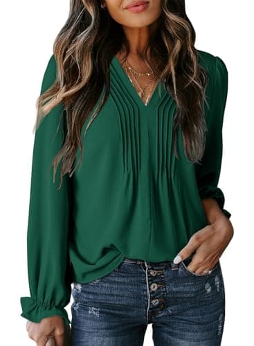 Dokotoo Blouses for Women Dressy Casual Long Puff Sleeve Tops Casual V Neck Green T Shirts Pleated Basic Solid Shirts Tops Oversized Pullover Shirt X-Large - Image 1