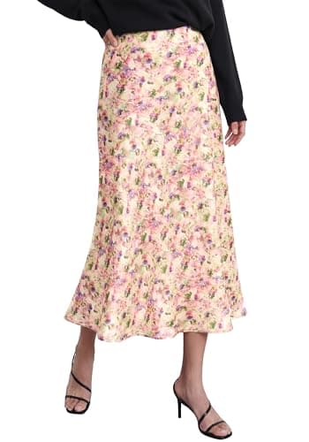 BTFBM Satin Skirts for Women Trendy Spring Summer 2026 High Waisted Leopard Print Cocktail Wedding Long Silk Midi Skirt(Floral Yellow Pink, Medium) - Image 1
