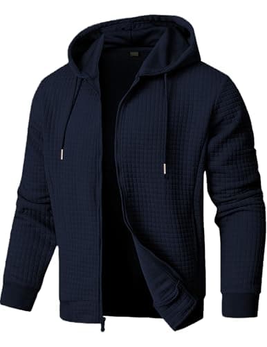 JMIERR Men’s Jacquard Plaid Hoodie Long Sleeve Lightweight Zipper Hoodie Sweatshirt Jackets with Pockets, US50(2XL), Navy Blue - Image 1