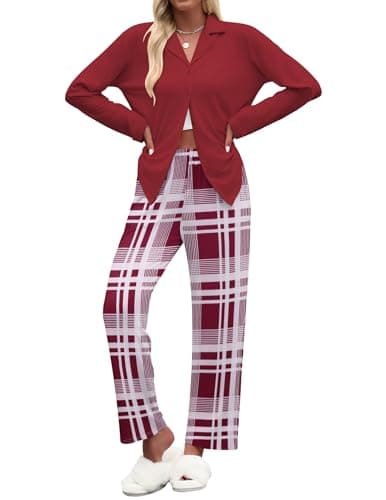 Ekouaer Women's Pajamas Sets Button Down Long Sleeve Lounge Sets Soft 2 Piece Pants Sleepwear Wine Red/White Plaid XXL - Image 1