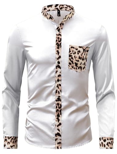 ZAFUL Men's Hipster African Tribal Graphic Patchwork Design Slim Fit Long Sleeve Button up Mandarin Collar Shirts (White Leopard XXL) - Image 1