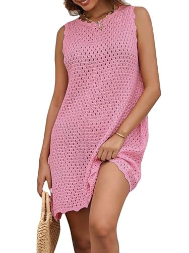 AiMgFUN Women's Crochet Beach Sleeveless Dress Swimwear Bathing Suit Coverup for 2025 Summer Pink Outfit Pink XL