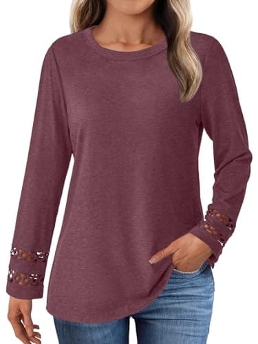 GKBK Womens Long Sleeve Tops Business Dressy Casual Blouses Crewneck Loose Fit Lightweight T Shirts Cute Work Tee Ladies Tunic 2025 Fall Winter Fashion Clothes Trendy Outfits Wine Red S - Image 1