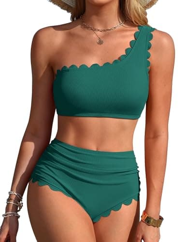 Charmo Womens One Shoulder Bikini Sets High Waisted Tummy Control Bathing Suits Ribbed Scalloped 2 Piece Swimsuits 2026 Teal M - Image 1