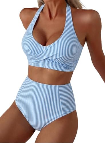 Herseas Women's High Waisted Bikini Sets Halter Patch Pocket Swimsuits Striped Tummy Control 2 Piece Breathable Bathing Suit Sexy 2026 Summer Classic Outfits Sky Blue Stripe Medium - Image 1