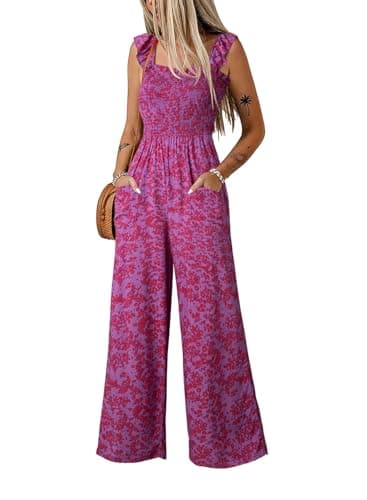 Dokotoo Floral Girls Dressy Jumpsuits One Piece 2026 Summer Crew Neck Boho Jumperss Adjustable Waisted Petite Wide Leg Vacation Outfits Plus Size with Pockets,Rose X-Large - Image 1